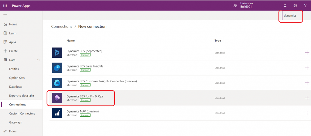 Creating a new Power Apps connection for Dynamics 365