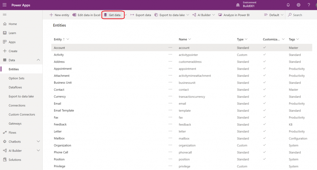 Power Apps entity data view