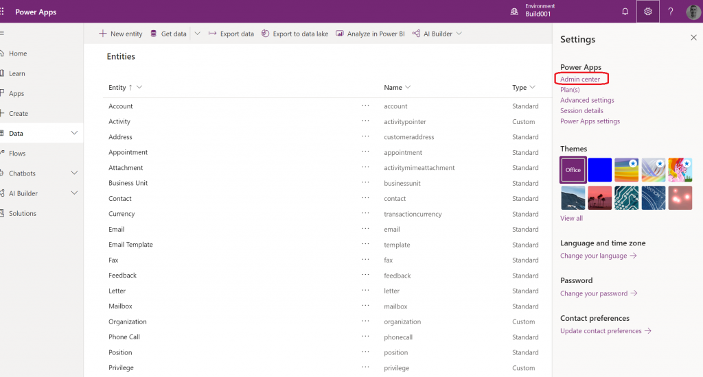 Power Apps Admin center settings